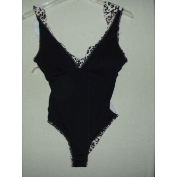Swimsuit Size Large animal print  Black Beige One piece Swim Suit v-neck ruffle - Picture 13 of 14